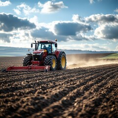 Obraz premium Modern tractor plowing soil in a large field during spring