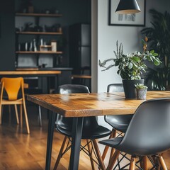 A contemporary dining room showcases elegant wooden furniture and a minimalist decor aesthetic.