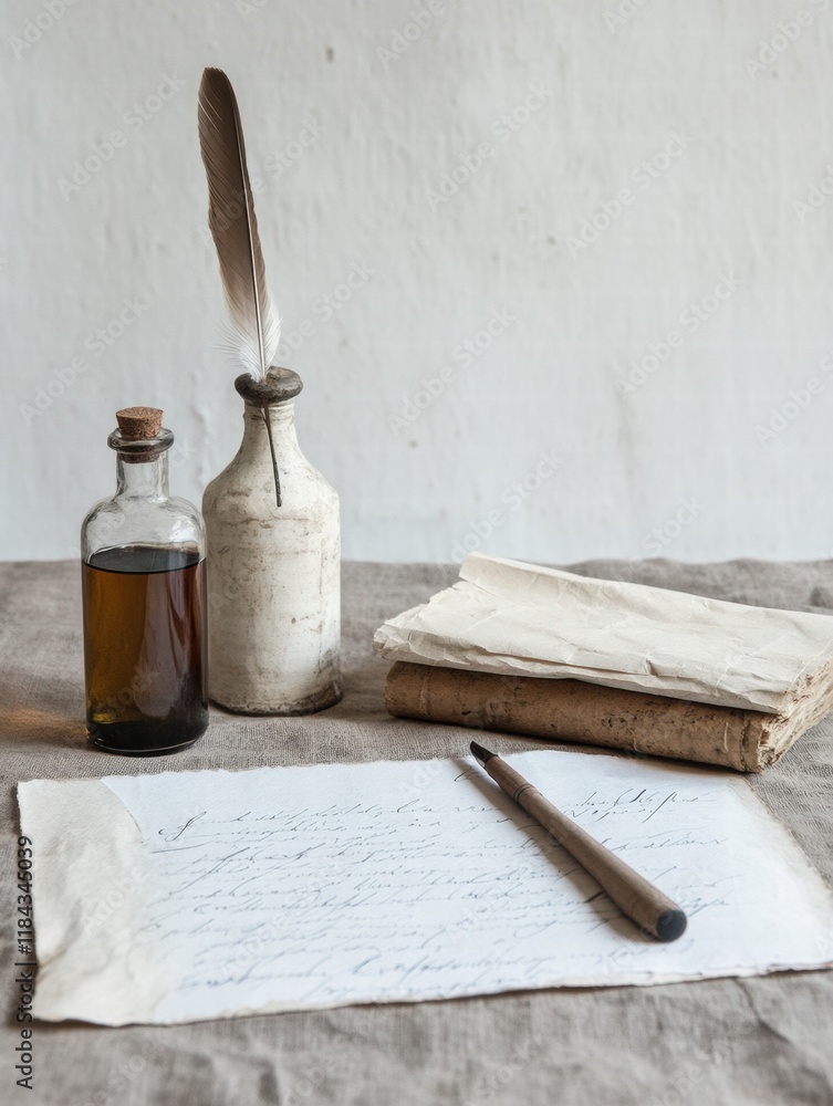 Poster exquisite calligraphy tools with feather quill, ink bottle, and parchment on a rustic table. generat