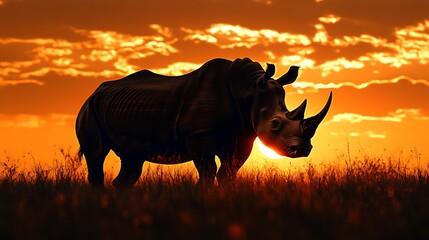 Fototapeta premium Silhouetted rhino at sunset in African savanna.