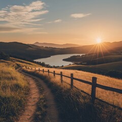 Golden sunlight bathes lush green hills and a winding path, creating a serene and picturesque evening scene.