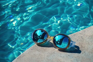 A pair of swimming goggles placed on a poolside deck.