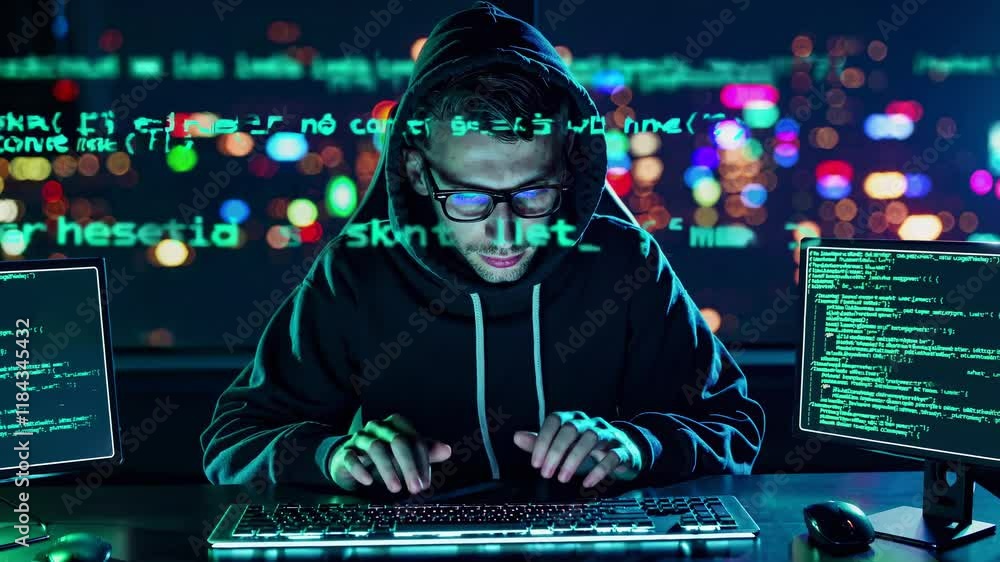 Poster expert hacker at night coding with multiple screens in a high-tech workspace