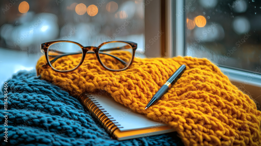 Aufkleber A cozy corner setup with a notebook and pen dedicated to self-reflection Self-reflection Stock Photo with side copy space