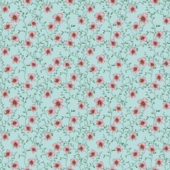 Seamless Pattern Pink Flowers Small Design on Pastel Blue Background for Prints, Textiles, Packaging, Fabrics, and Wrapping Paper