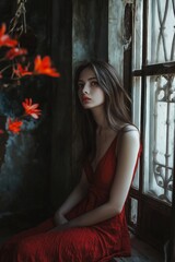 Fototapeta premium A contemplative young woman sits elegantly by a window adorned with soft lighting and flowers.