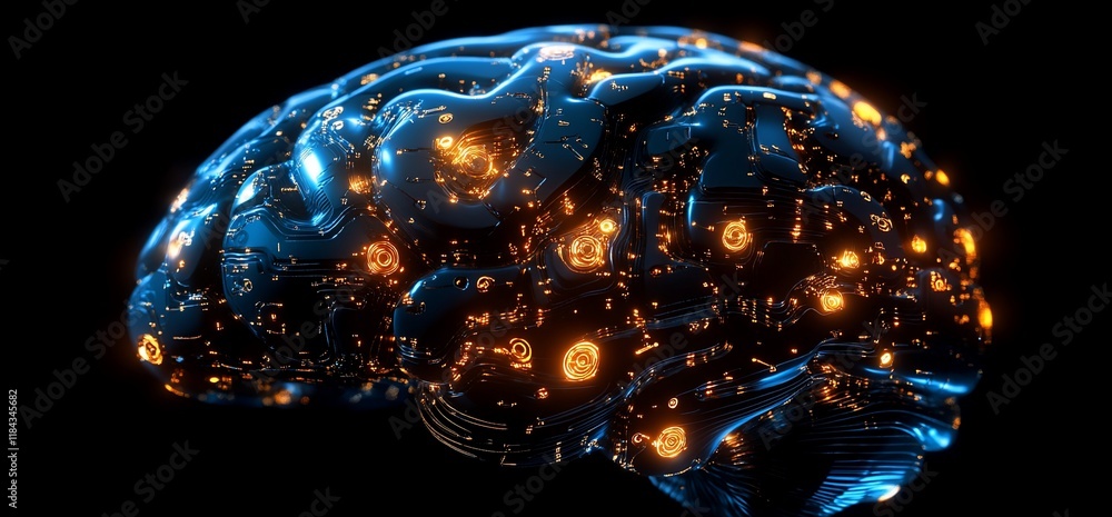 Poster 3d rendering of a glowing blue brain with orange highlights, representing intelligence and neural ac