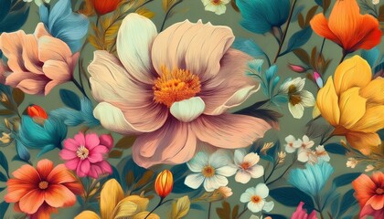 Fototapeta premium Seamless beautiful colorful spring flowers pattern graphic resource 