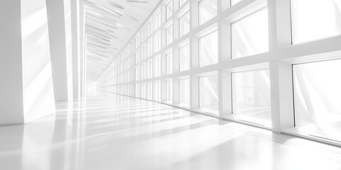 Fototapeta premium A spacious, bright white corridor showcases modern architectural design elements and natural light.