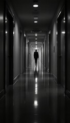 A solitary figure walking down a dimly lit hallway with mirrored reflections on the floor