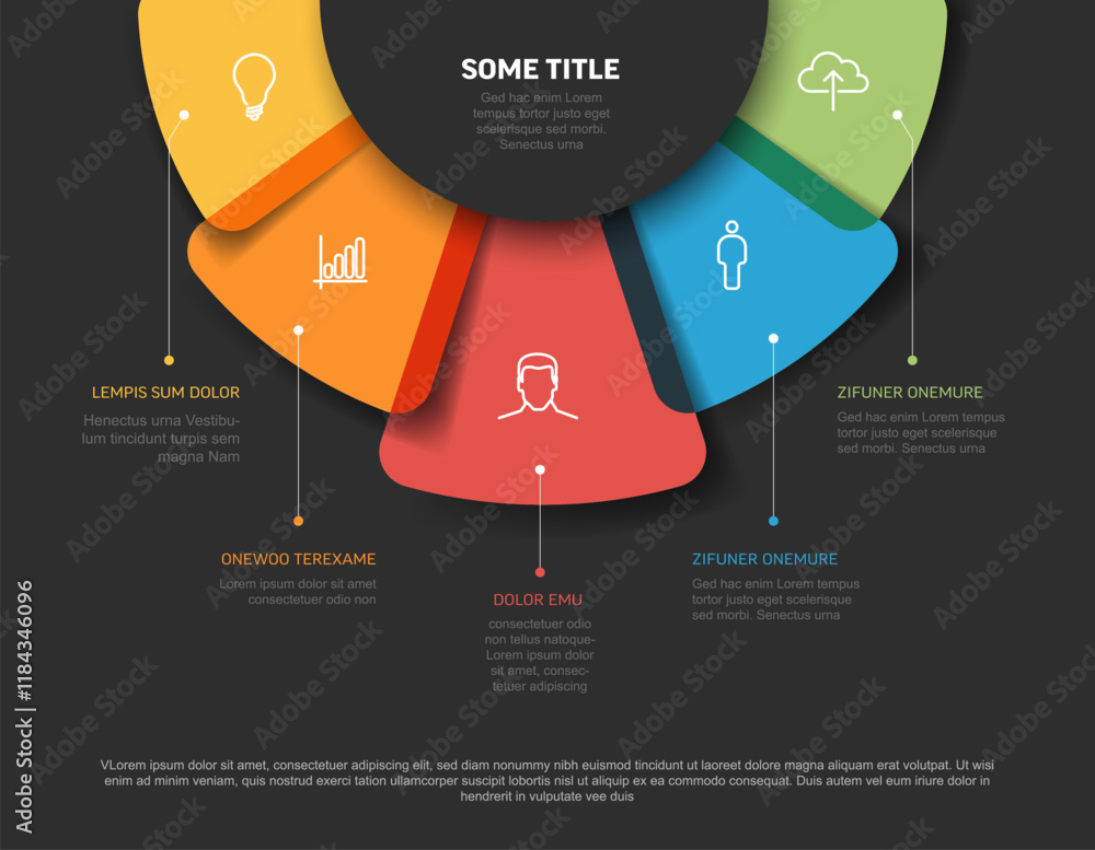 Poster vector multipurpose infographic template with five rounded semi transparent elements on the top, des