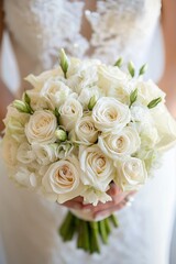 An exquisite bridal bouquet featuring white roses symbolizes love, purity, and a joyous celebration of life.