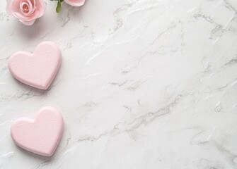 Fototapeta premium A Valentine's Day background featuring pink hearts and roses on a white marble table, captured in a flat lay top view. Offers ample copy space, perfect for romantic designs or festive promotions