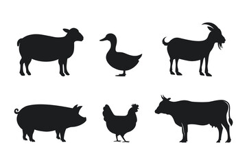 Silhouettes of Farm Animals. Cow, Pig, Sheep, Lamb, Duck, Goat, and Hen vector. Livestock icons. Farm Animals icon.