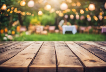 Rustic Wooden Table Overlooking a Festive Garden Party