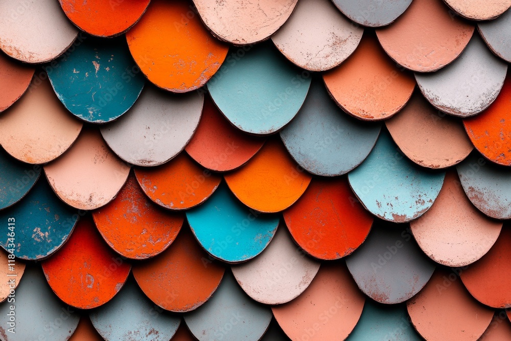 Poster a geometric design of a thai ubosot roof, with overlapping shapes representing its vibrant tiles in 