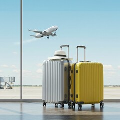 Travel Essentials Displayed in a Bright Airport Lounge with Airplane Taking Off in the Distance