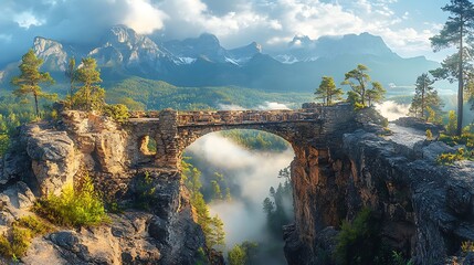 Stone Bridge Over Misty Mountain Valley Landscape