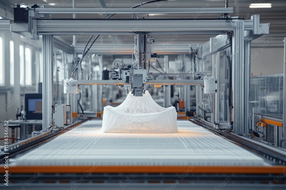 Poster large-scale 3d printing of a white object in a modern factory setting