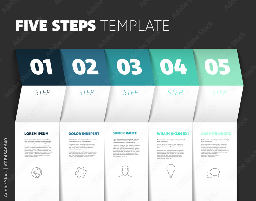 Poster five steps progress process infographic layout template with big numbers icons text content and pape
