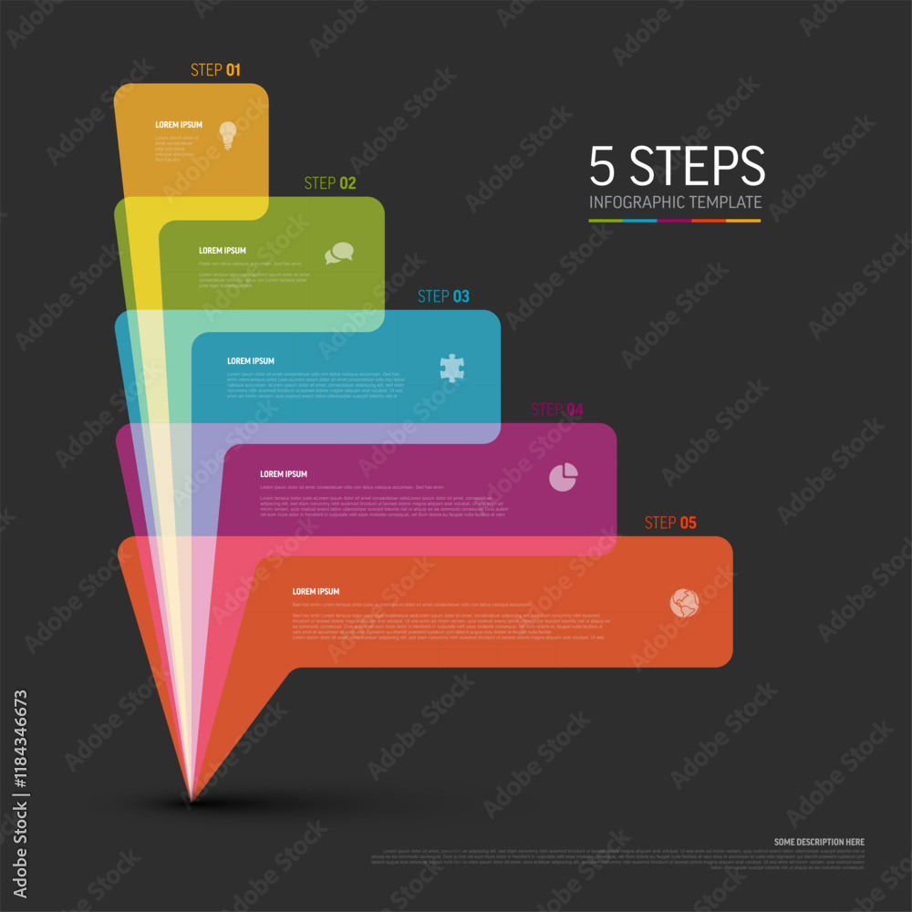 Poster multipurpose dark infographic template with five rainbow colors semi transparent speech bubbles bloc