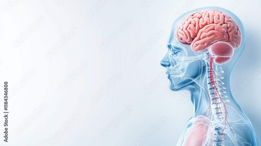 Poster detailed anatomical illustration of human brain and nervous system highlighting key structures and f