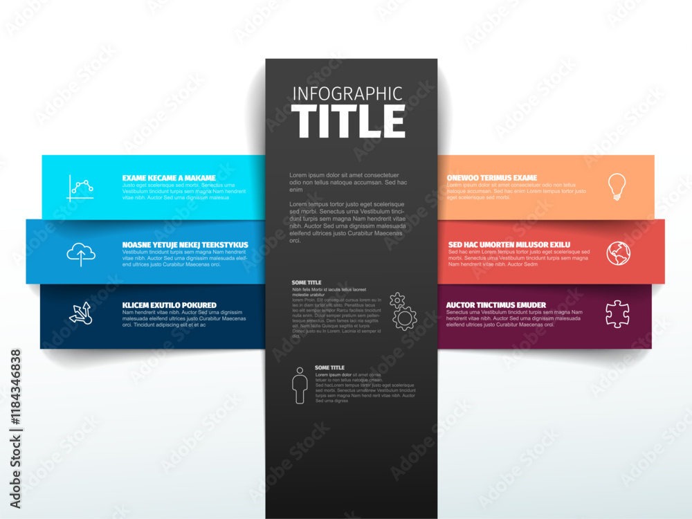 Aufkleber infographic with a central black column text, surrounded by colorful horizontal bars. the layout is 