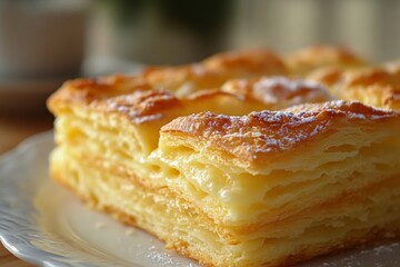 Layered puff pastry dessert on a white plate in soft lighting