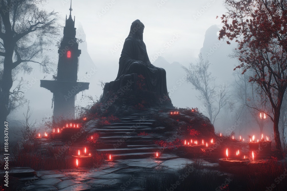 Poster a gothic-style ubosot surrounded by dark mist, with glowing red candles and a shadowy buddha statue 