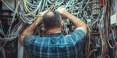An electrician in a plaid shirt working on a complex network of wires, with tangled cables in a control panel, showcasing technical expertise in electrical work.