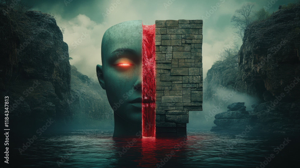 Poster serial killer, a digitally created image of a face split in half, featuring one glowing side, showca