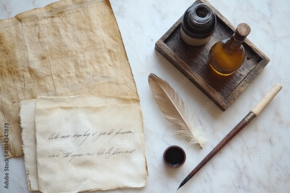 Poster calligraphy tools including feather quill and ink bottle resting on parchment paper in a creative wo