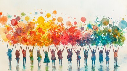 Celebration of Diversity and Unity Through Colorful Festive Bubbles in a Creative Watercolor Style Depicting Joyful People Holding Vibrant Balloons