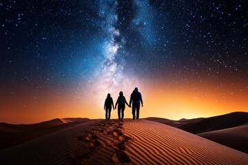 A haunting image of the desert at night with silhouetted dunes, a star-studded sky, and mysterious figures cloaked in shadows