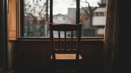 Wooden chair sits by window overlooking a blurred street scene.