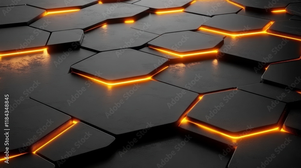 Poster black hexagon pattern. abstract 3d rendering with orange glowing light., modern. futuristic design.