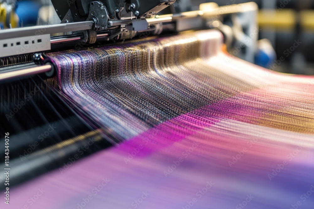 Poster textile production process showing colorful threads being woven on a machine