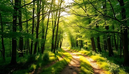 Obraz premium Sunlit Forest Path: A Serene, Lush Green Landscape
