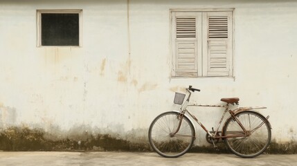 Fototapeta premium Rusted bicycle leaning against weathered wall with small window and shutters.