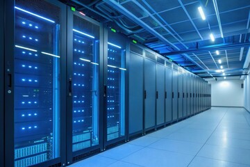 server room with servers blue lighting technology background