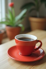 A vibrant red coffee cup sits on a wooden table, filled with steaming black coffee. A potted plant and a flower add a touch of nature to the scene.