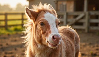 Shetland pony gazing playfully in rustic barnyard, cozy warmth