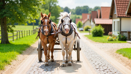 Haflinger horses pulling a cart on a cobblestone road, rural charm