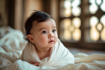 Beautiful Newborn Baby Swaddled in White Blanket with Dark Hair and Wide Eyes, Portrait Photography