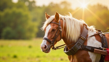 Obraz premium Majestic Gypsy Cob horse standing in green pasture at sunset, rural beauty