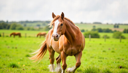 Obraz premium Majestic Irish Draught Horse running in green paddock, natural beauty