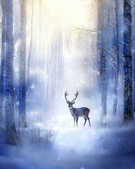 Graceful Deer Amidst Winter Wonderland in Snowy Forest with Ethereal Light Filtering Through Frosted Trees for Serenity and Nature Photography