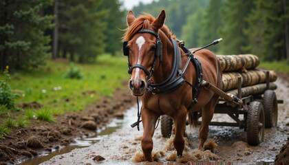 Obraz premium Noriker draught horse pulling logs through muddy forest, resilient strength