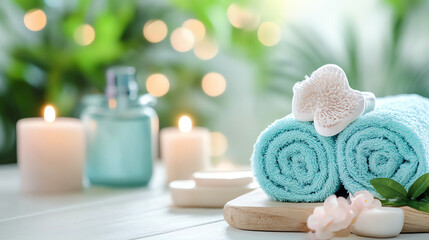 Spa composition with blue towels and candles. Perfect for wellness services and relaxation atmosphere.