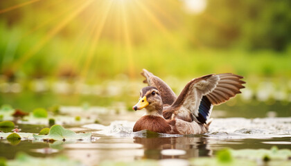 Fototapeta premium Mallard duck flapping wings in serene pond at dawn, nature's beauty
